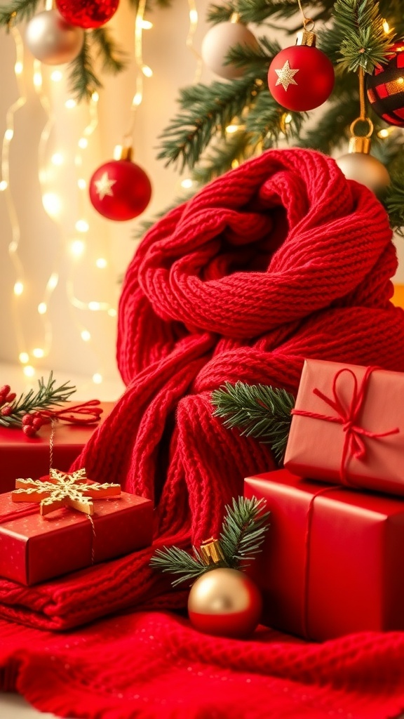 A collection of red Christmas gifts including a scarf, ornaments, and a blanket with holiday decorations.